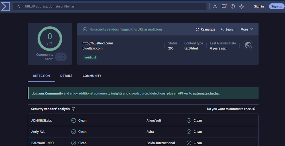 Screenshot des Virustotal Testergebnis der Blueflexx-Homepage